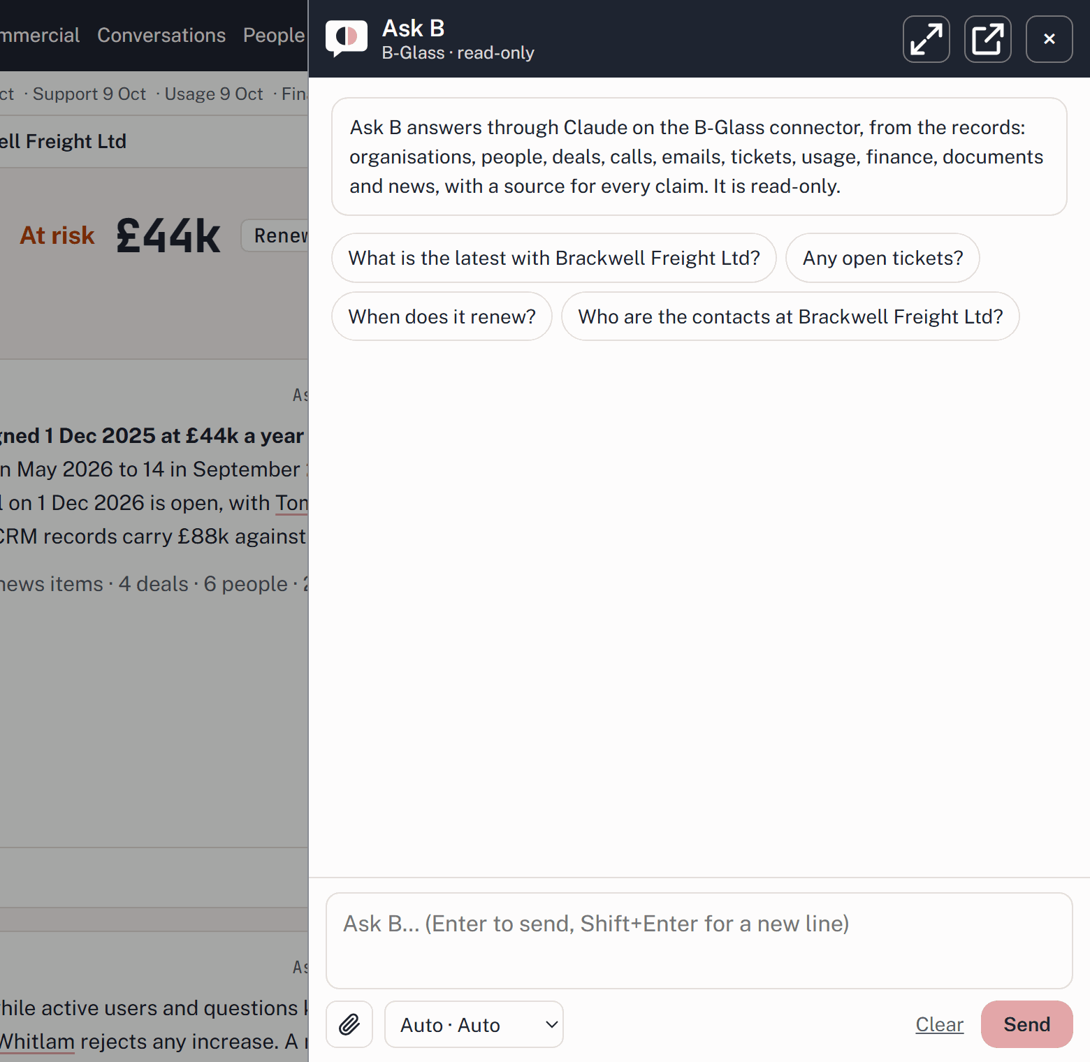 Screenshot: Ask B on a customer's page